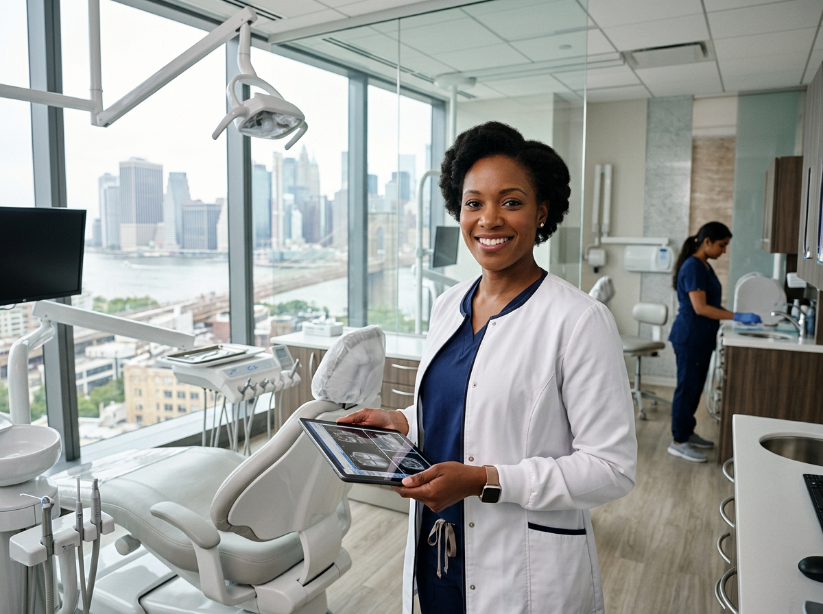 A confident dentist standing in a state-of-the-art New York City treatment room