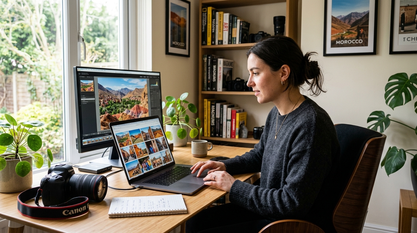 A microstock photographer efficiently keywording a batch of photos using an AI tool on a laptop.