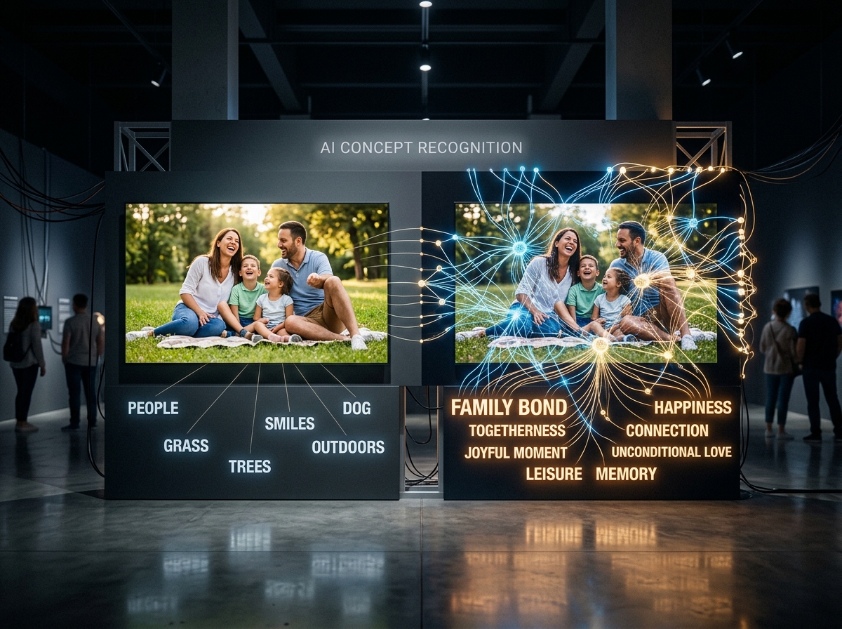 A split-screen image showing a simple object-based keyword list versus a rich, concept-based keyword list for the same photo.