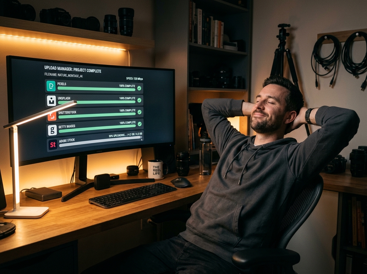 A stock contributor looking relieved and happy while their photos are automatically uploaded to multiple microstock agencies.