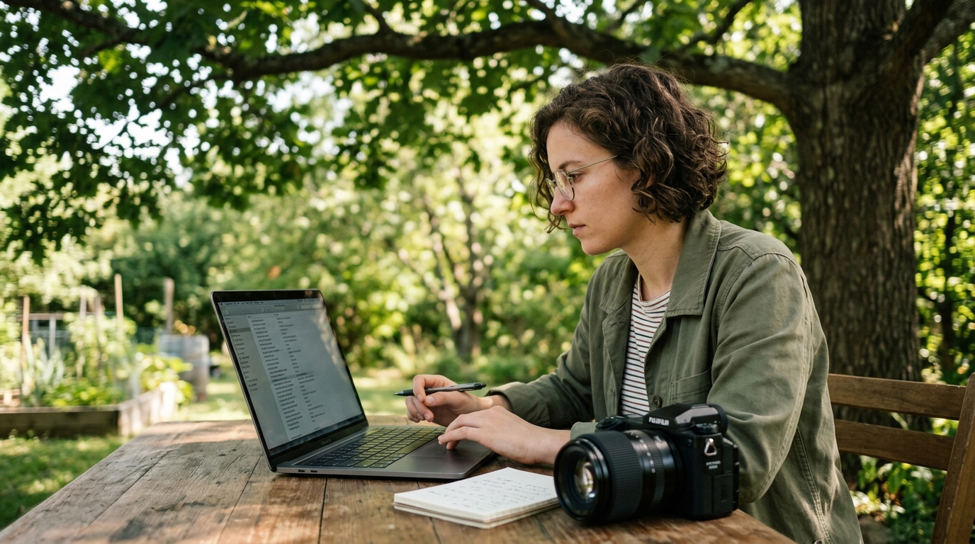 A microstock photographer at a sunlit desk meticulously reviewing keywords on a laptop screen.