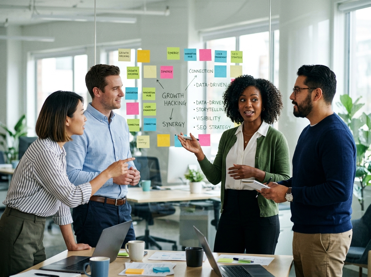 A diverse marketing team brainstorming conceptual keywords on a whiteboard with colorful sticky notes.