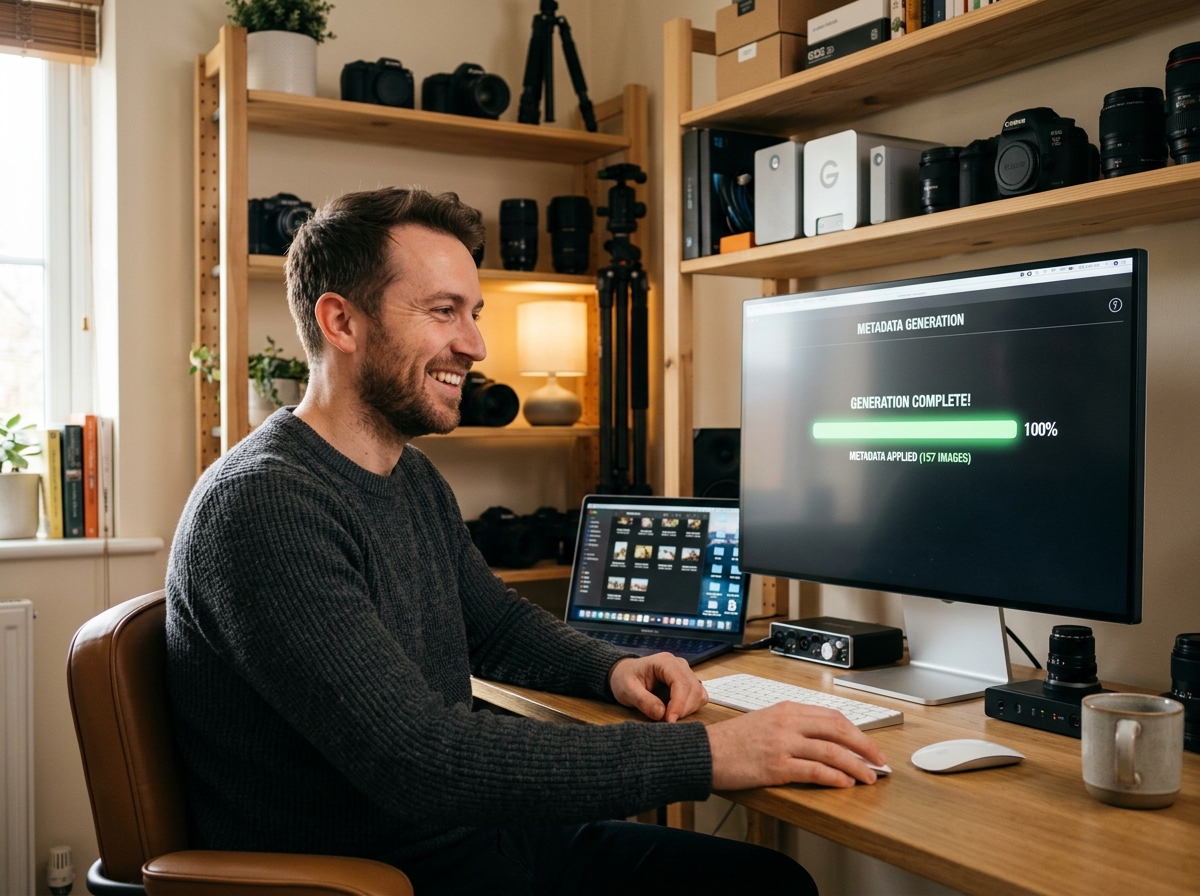 A content creator smiling as an AI tool quickly generates metadata for his photos.