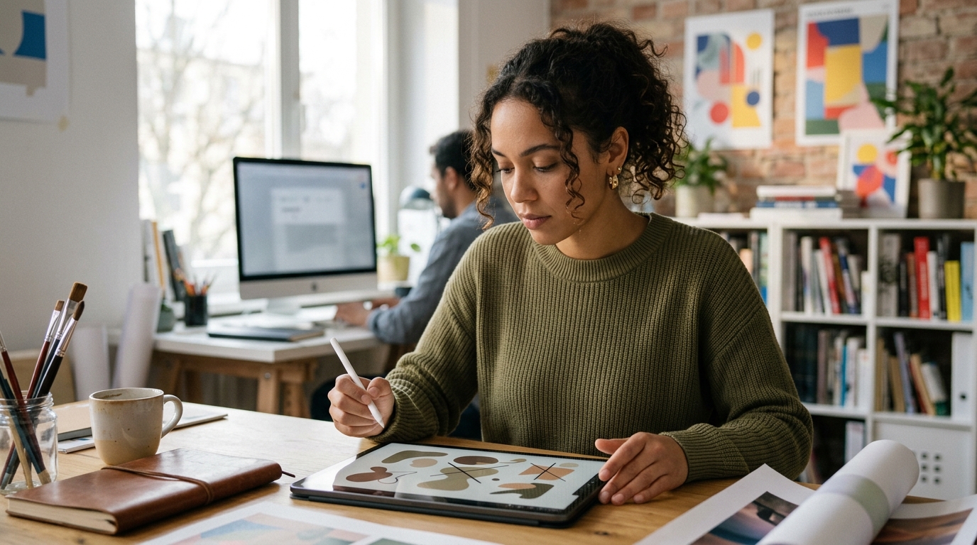A female graphic designer meticulously creating a vector illustration on a tablet in a modern, sunlit studio.