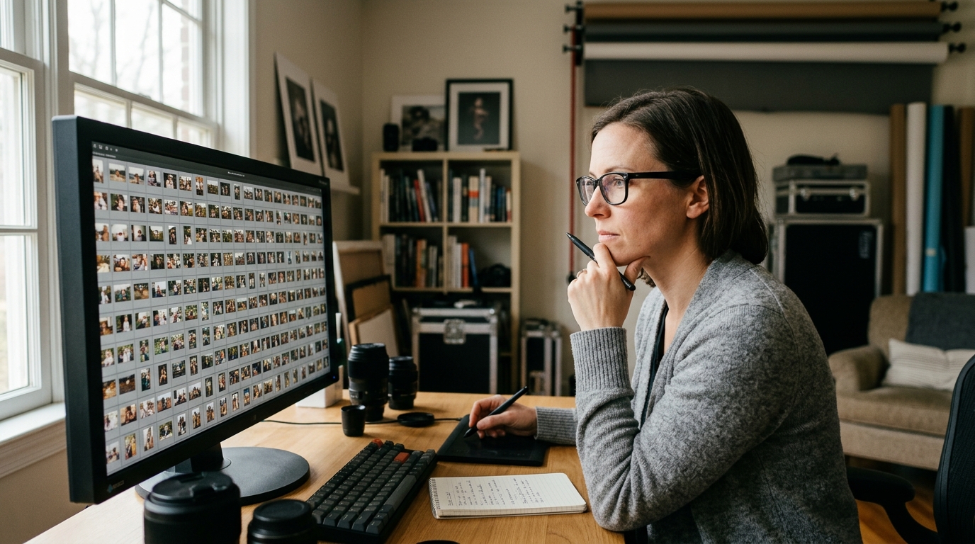 A professional photographer reviewing a batch of images on a large monitor in her home studio.