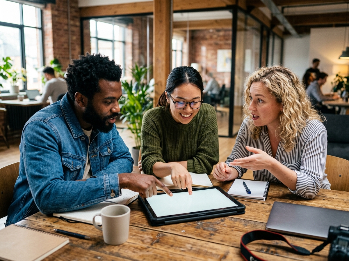A diverse group of microstock contributors collaborating around a tablet in a modern co-working space.