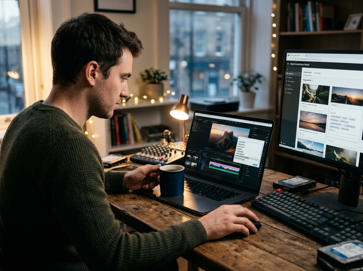 A videographer carefully reviewing AI-suggested keywords on a laptop before submitting his work.