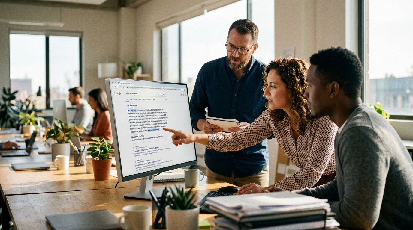 A diverse team of digital marketing strategists analyzing a screen showing Google's AI Overviews.