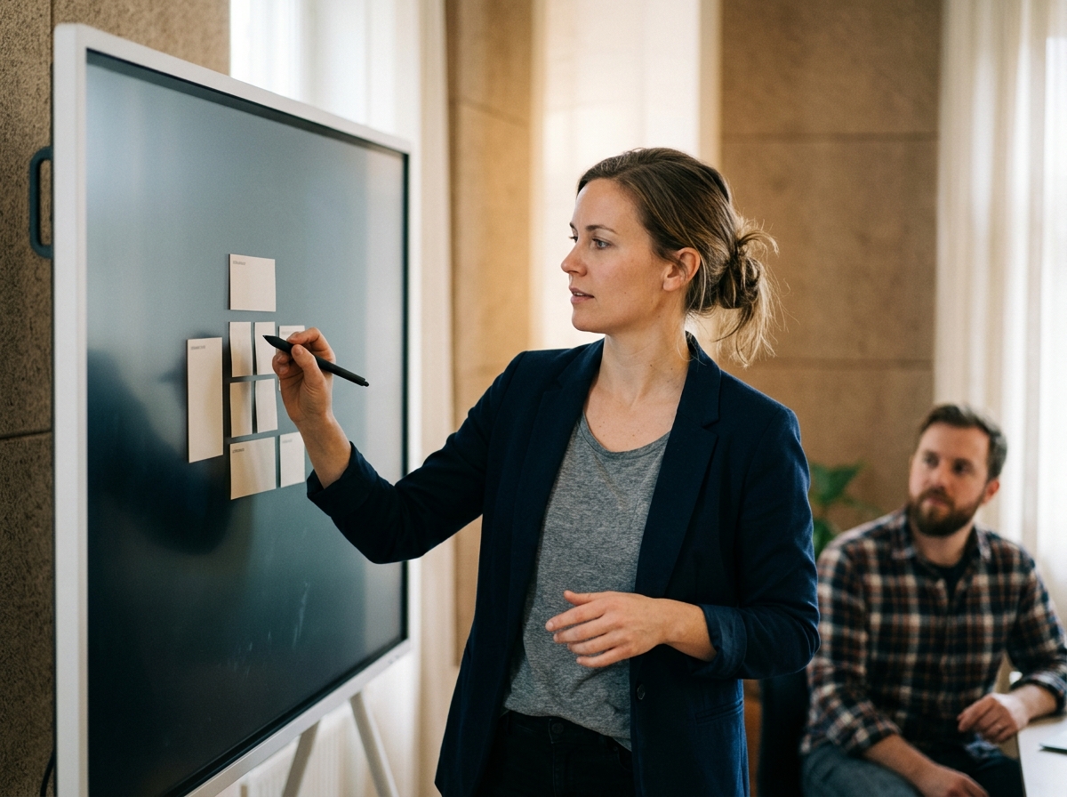 A content strategist using a digital whiteboard to structure an article into 'Information Islands' for AI optimization.