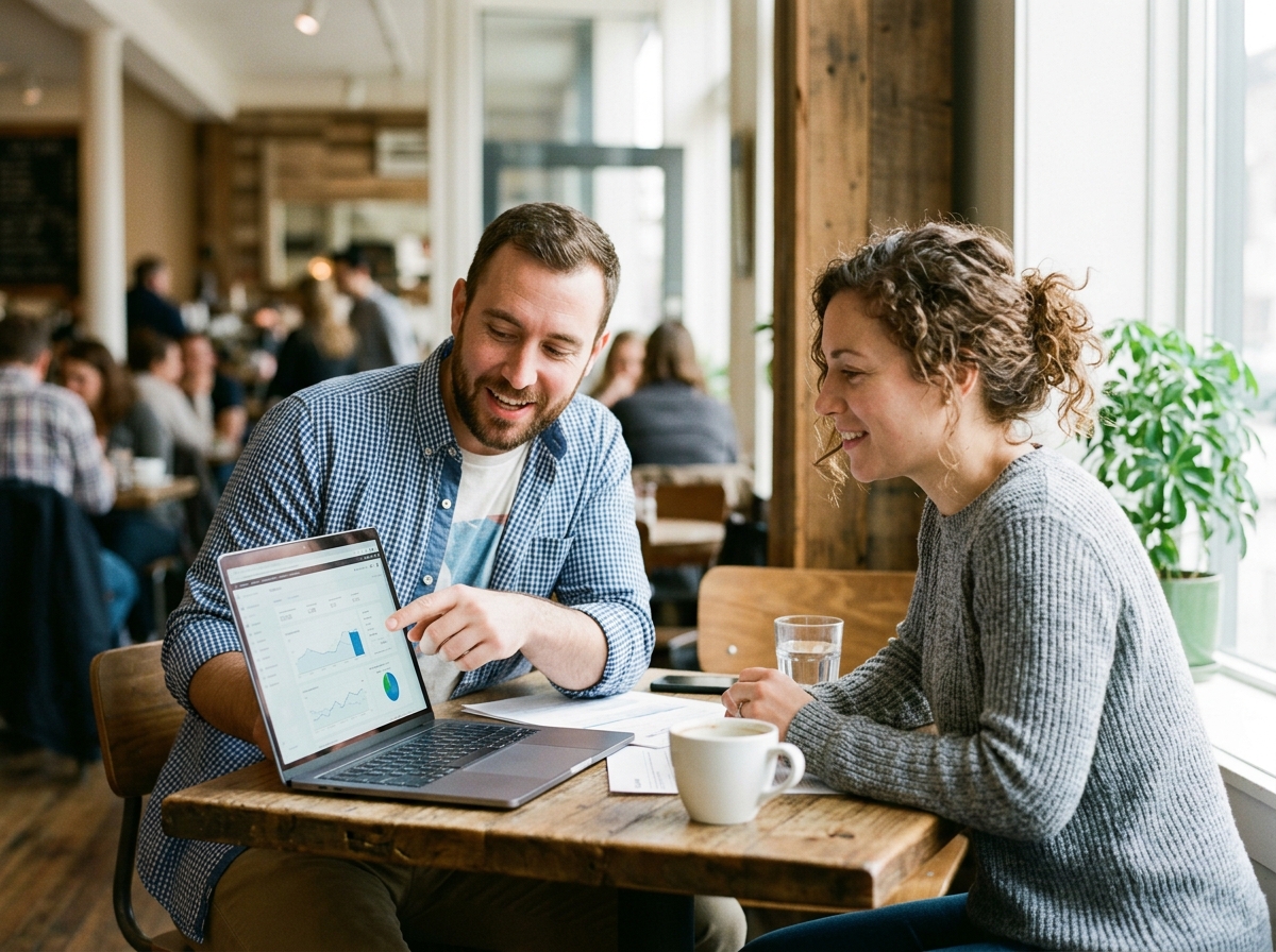 An SEO analyst showing a business owner a performance dashboard that highlights AI visibility and engagement quality metrics.