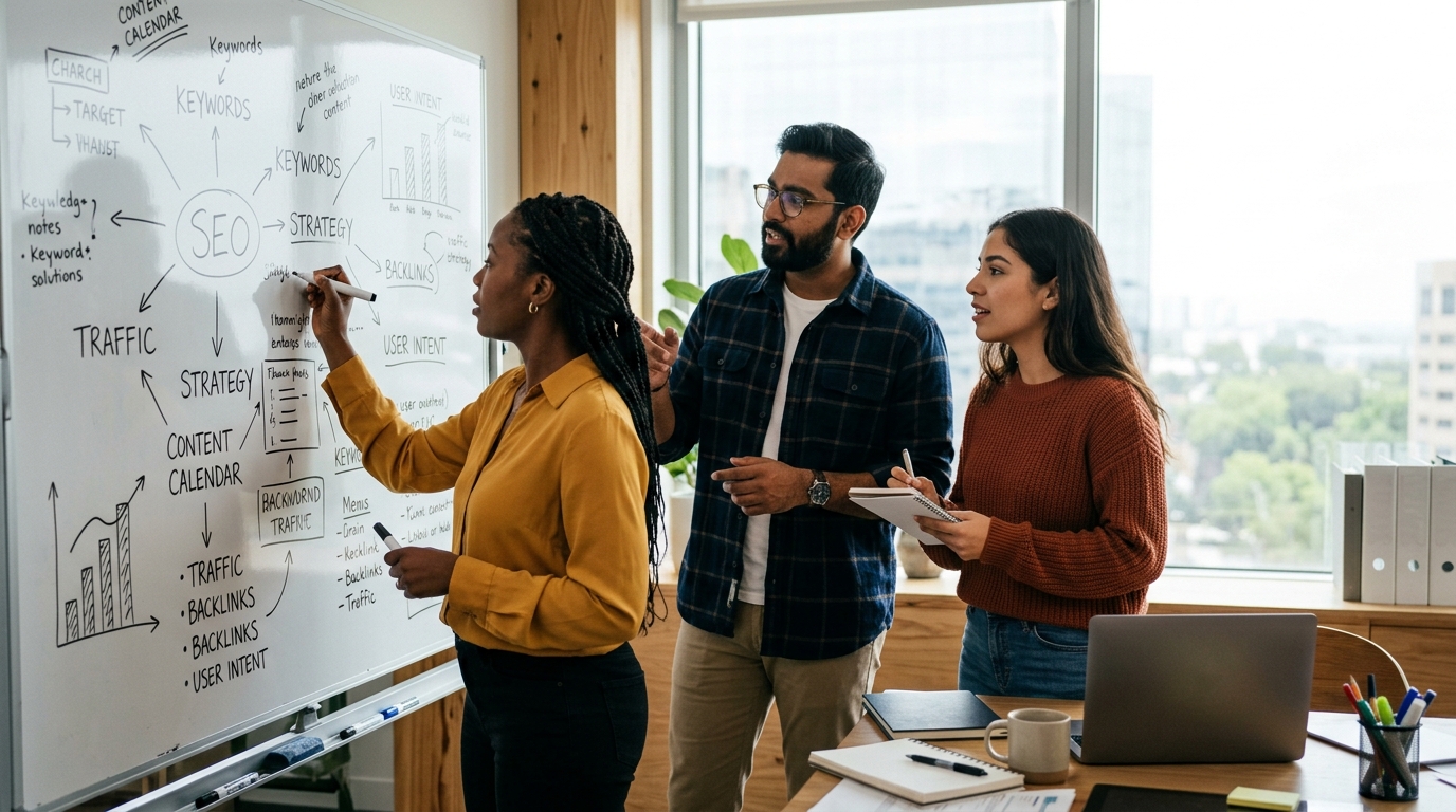 A marketing team collaborating on an SEO content strategy around a large whiteboard.
