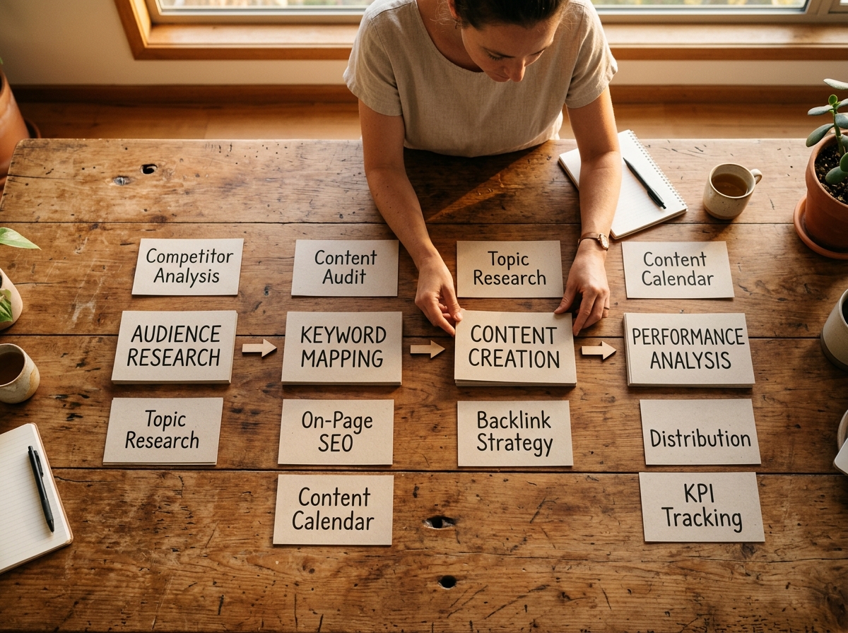 A step-by-step diagram showing the flow of an SEO content strategy from research to measurement.