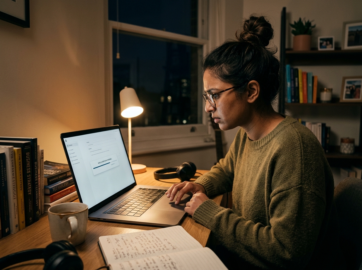 A solo founder using a laptop with an AI content generation tool interface visible on the screen.
