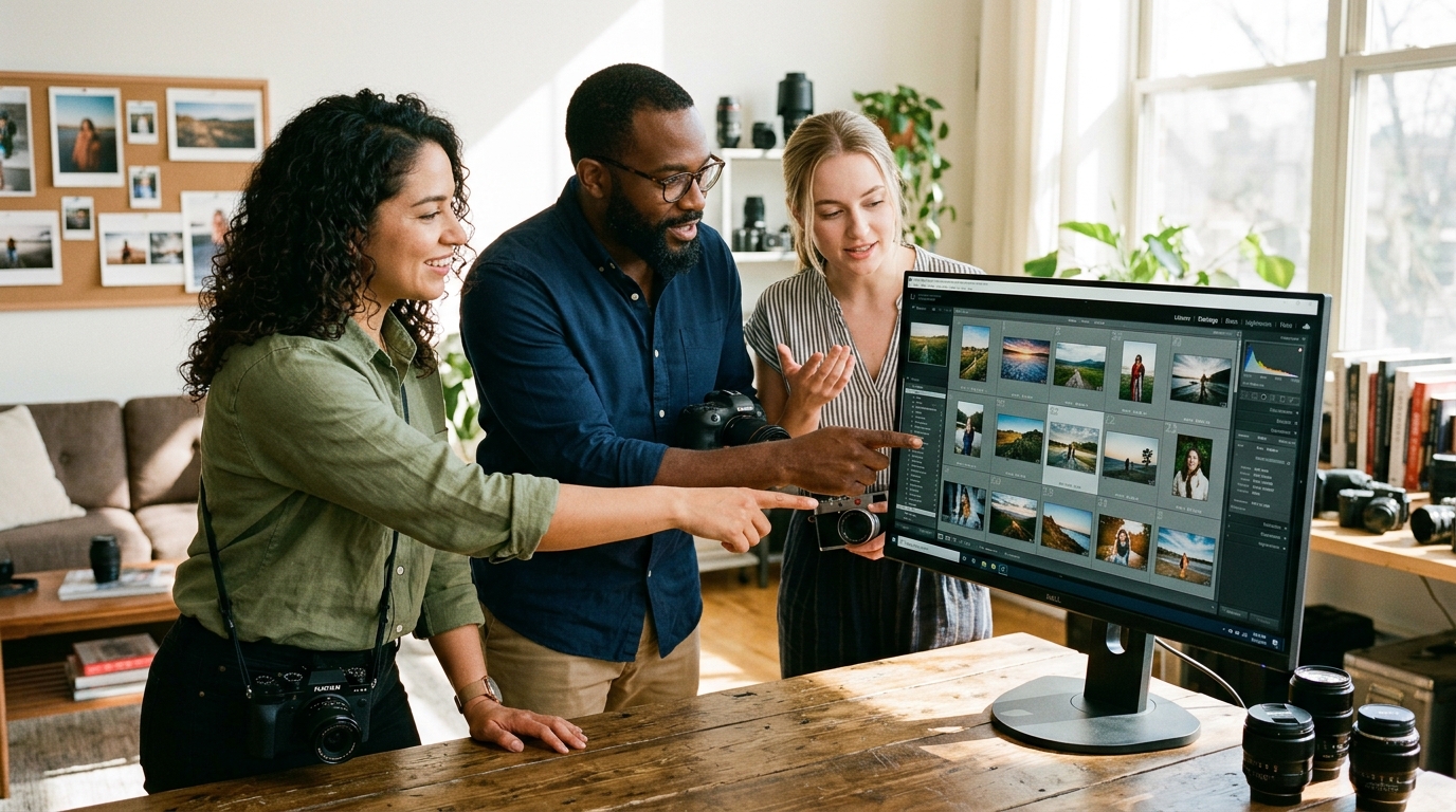 A diverse group of photographers collaborating on microstock keywording in a bright studio.