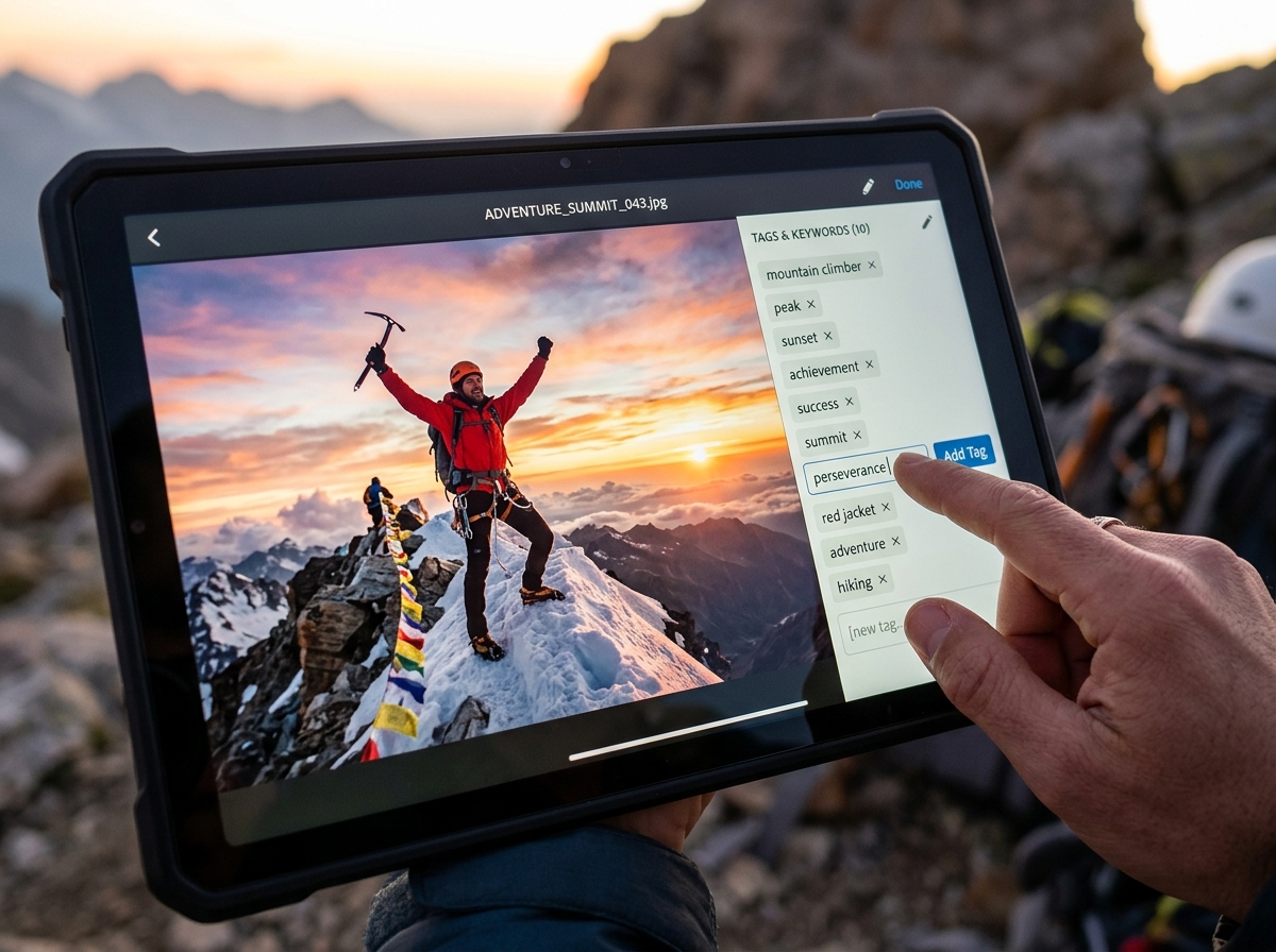 A close-up of a tablet showing an image of a mountain climber with descriptive and conceptual keywords listed beside it.