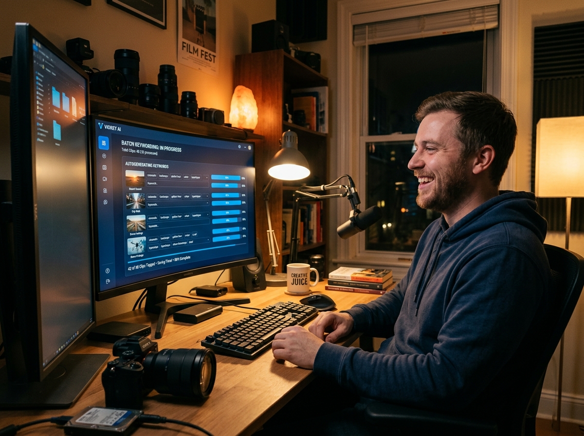 A videographer smiling as an AI tool automatically generates keywords for his video clips.