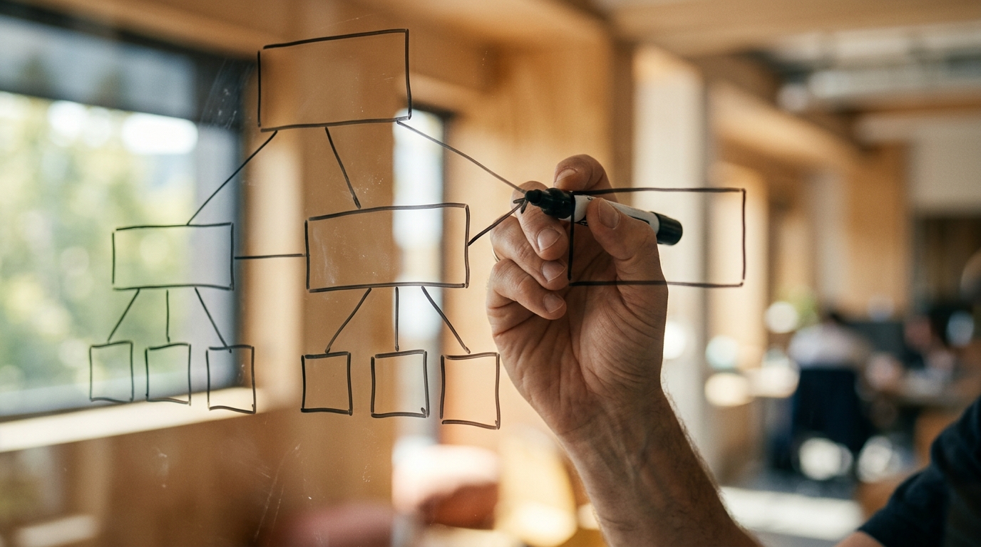 A content strategist sketching an article outline on a whiteboard in a bright, collaborative office.