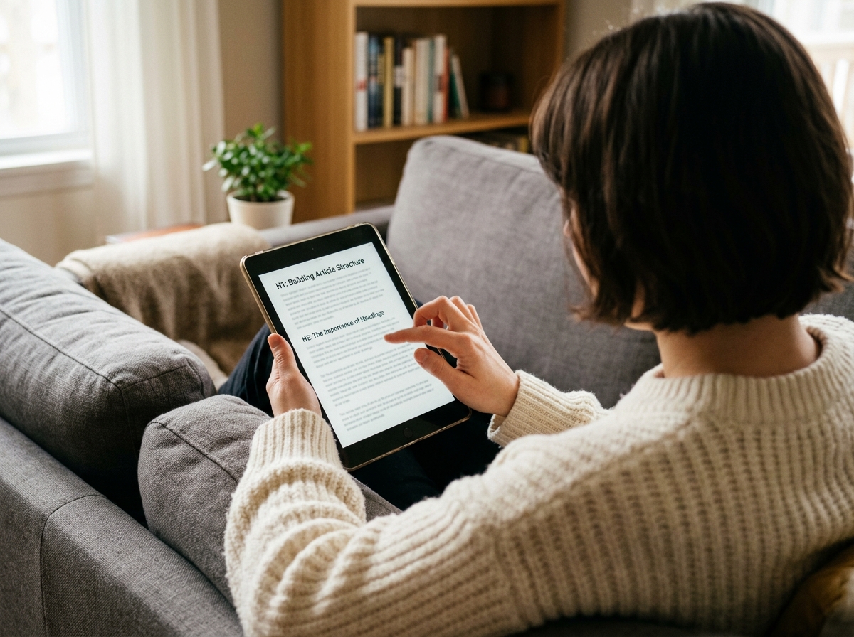 A person reading an article on a tablet, with clear headings making the content easy to scan.