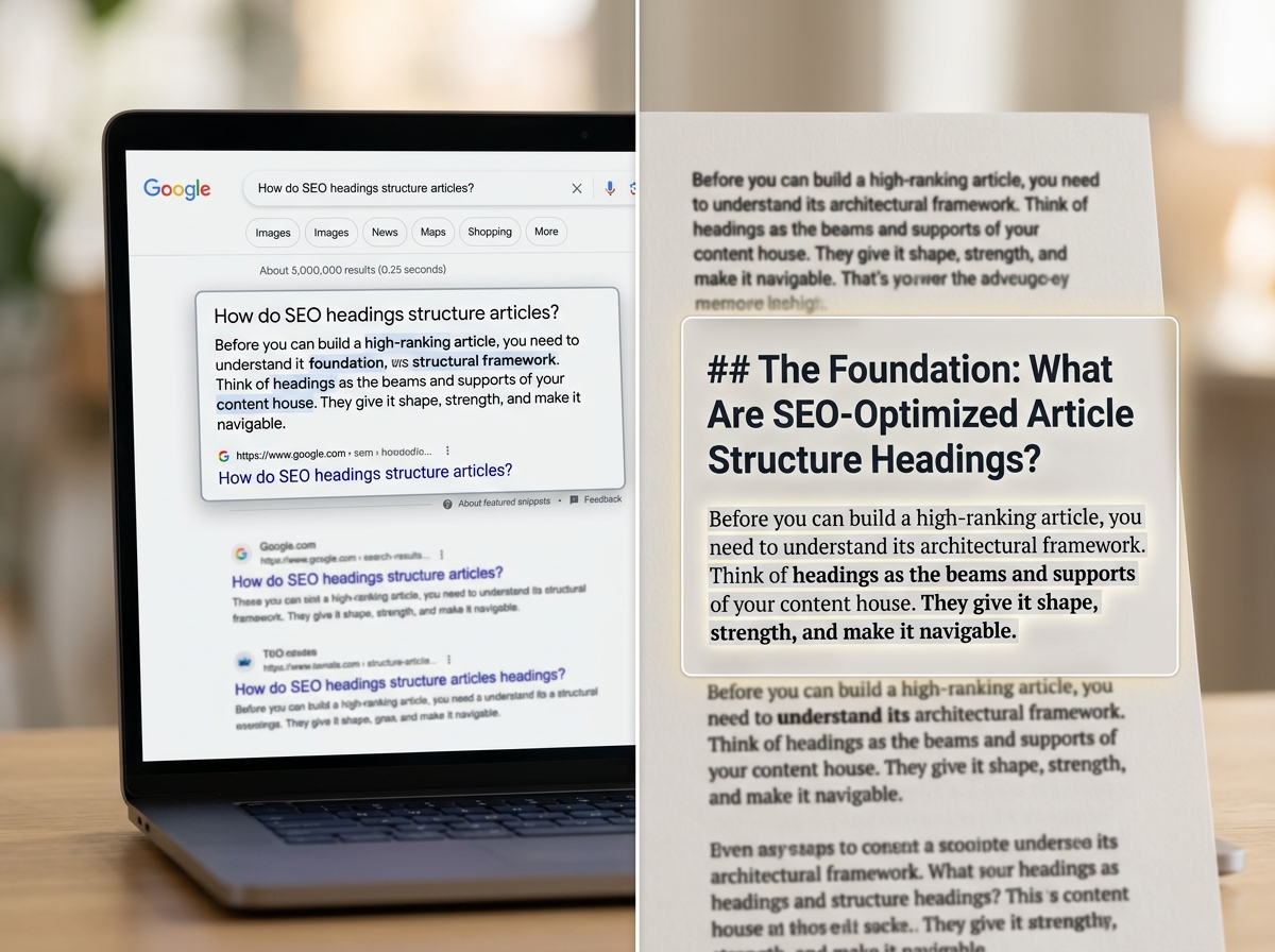 A split-screen view showing a Google featured snippet on one side and the well-structured article it was pulled from on the other.