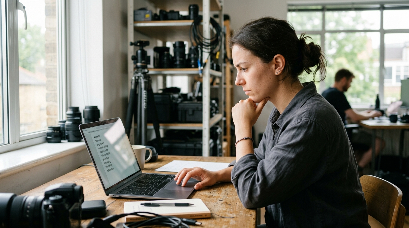 A videographer reviewing AI-generated keywords for a video on a laptop in a modern studio.