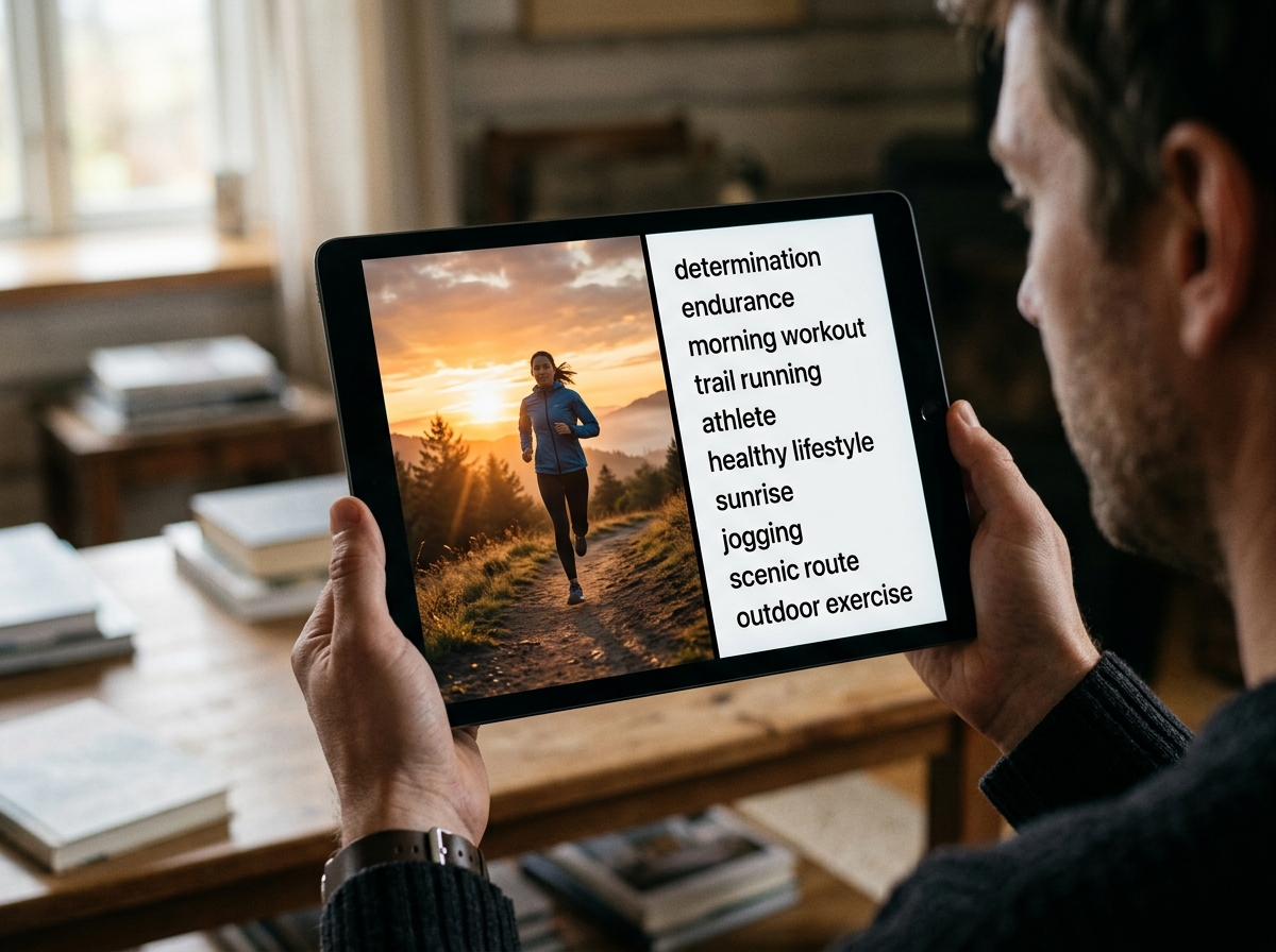 A split-screen image showing a video frame of a runner and the corresponding conceptual keywords.