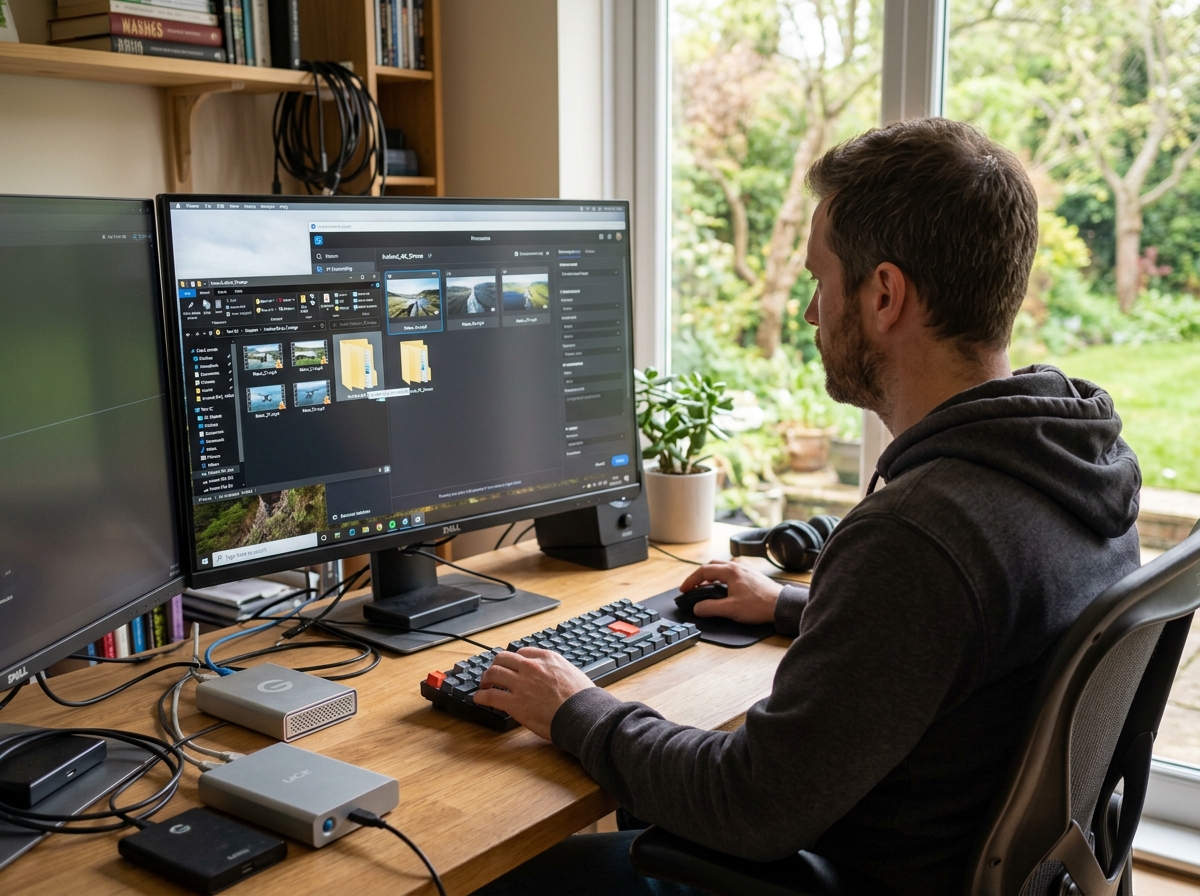 A microstock contributor efficiently batch-processing a folder of videos using an AI keywording tool.