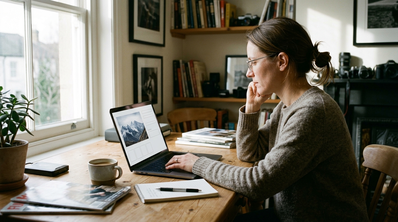 A microstock contributor carefully reviewing keywords on their laptop for an image of a mountain landscape.