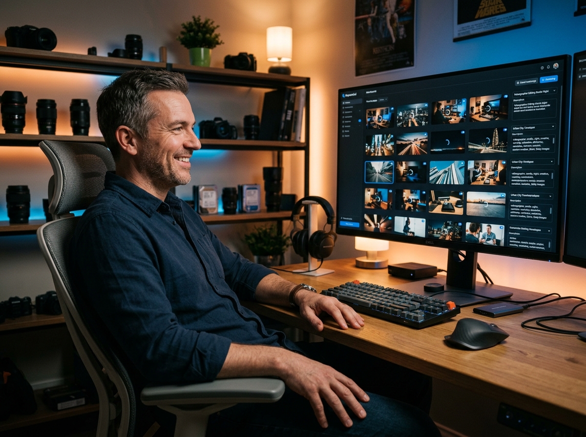 A content creator looking relieved and efficient while an AI interface automatically generates keywords for a batch of photos.
