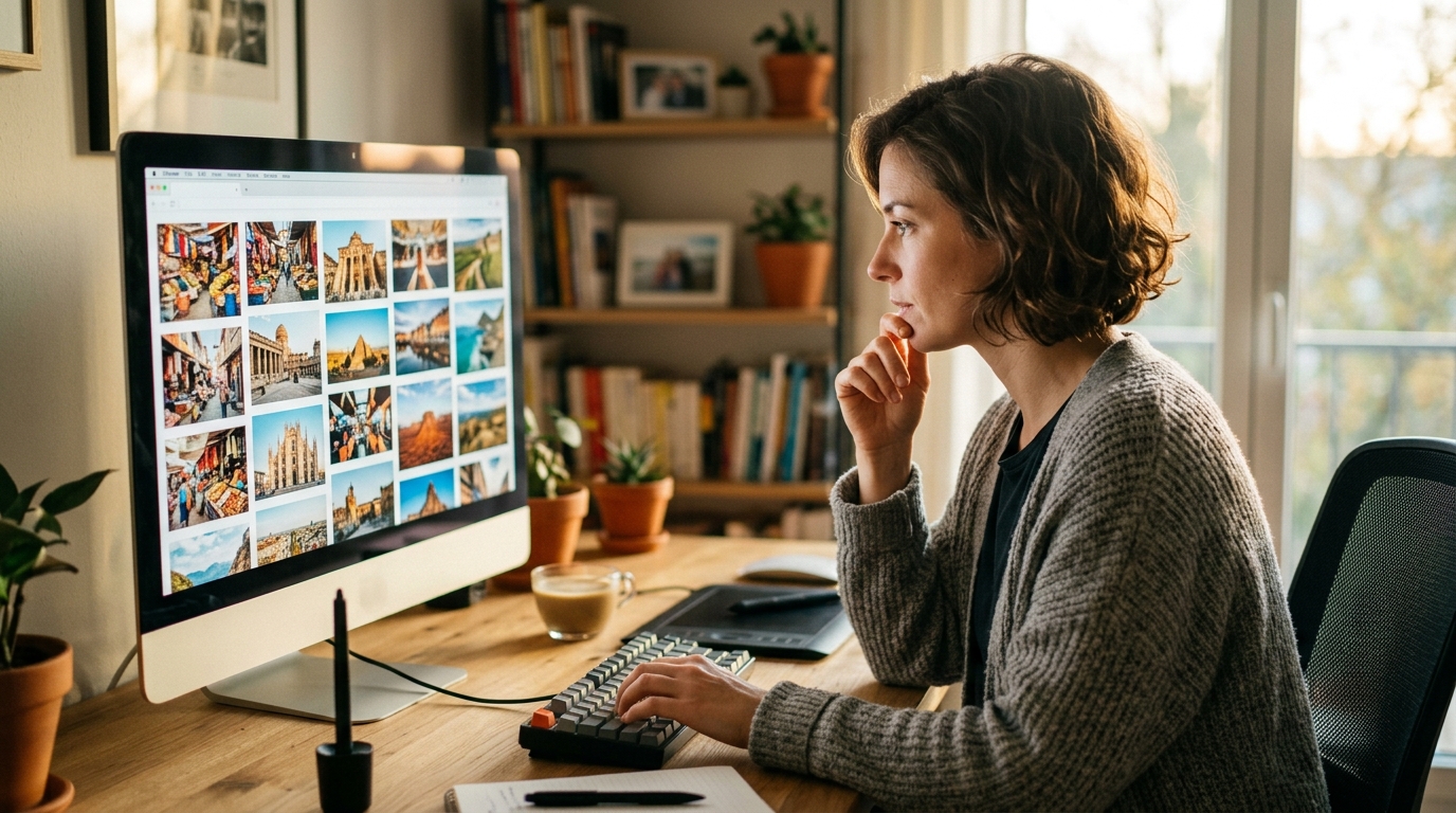 A microstock photographer meticulously adding keywords to a batch of photos on a large computer monitor.