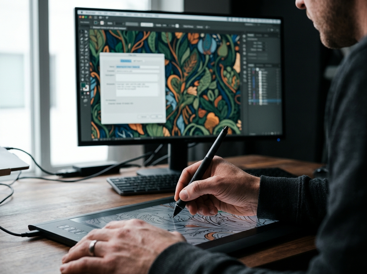 A close-up of a graphic designer embedding metadata into a complex EPS vector file in Adobe Illustrator.