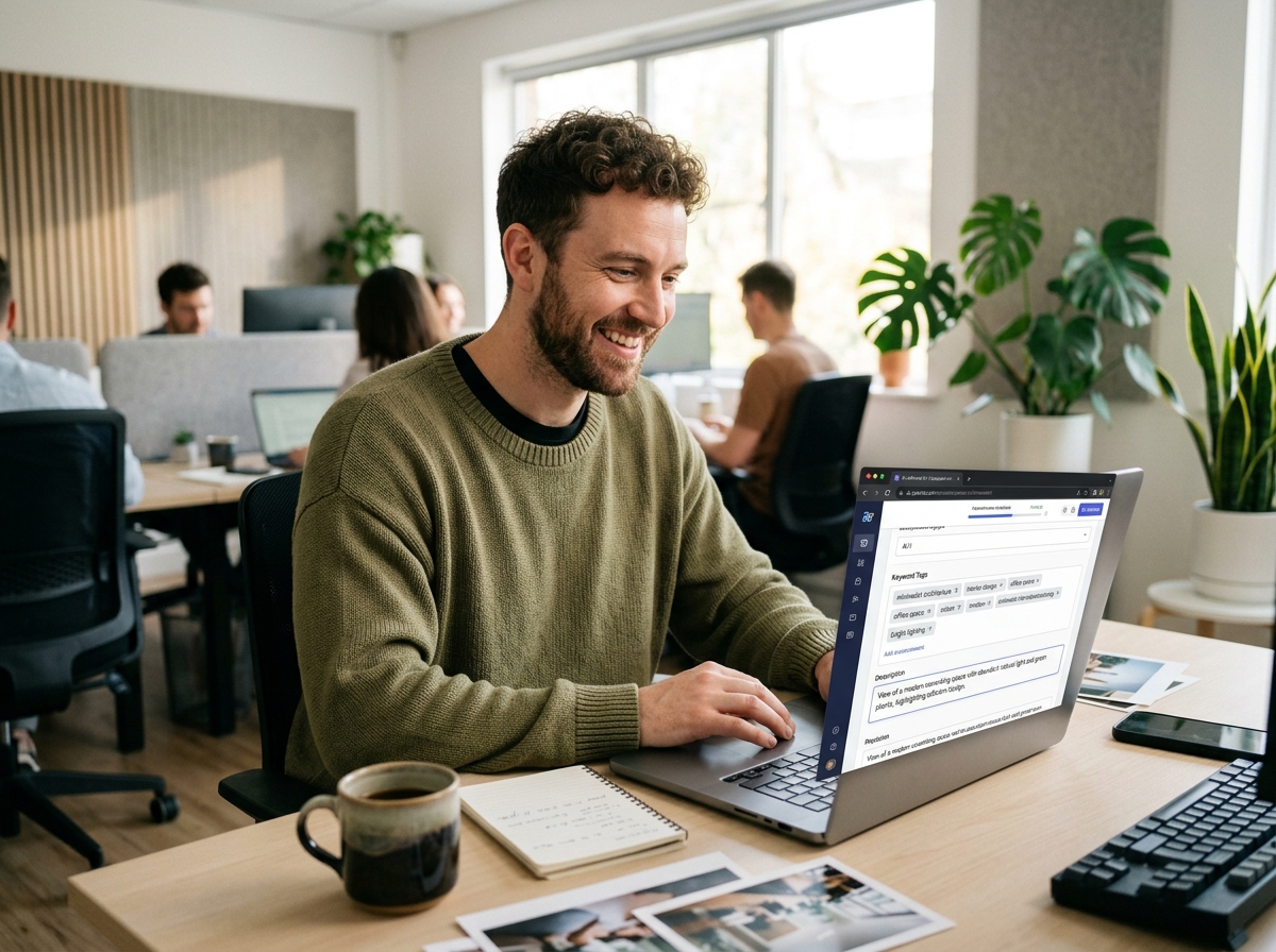 A content creator looking relieved and efficient while an AI tool automatically generates keywords for their images.