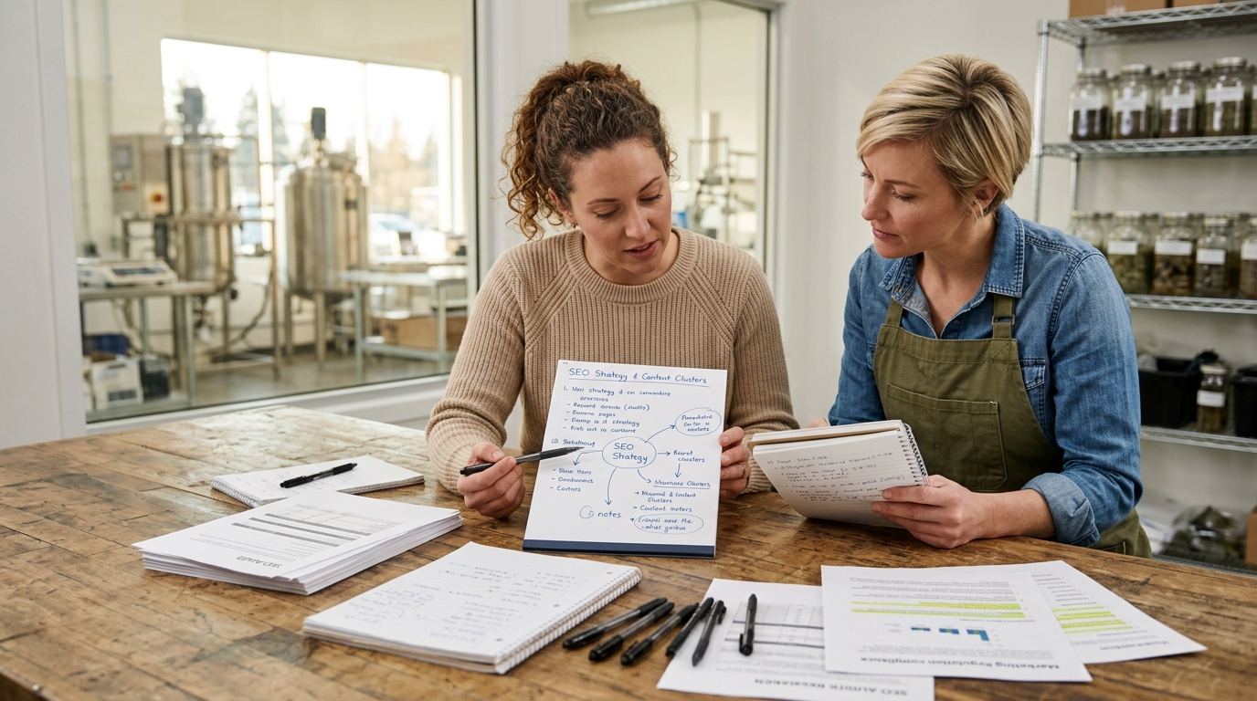 A modern dispensary owner analyzing website traffic on a tablet in a bright, professional retail space.