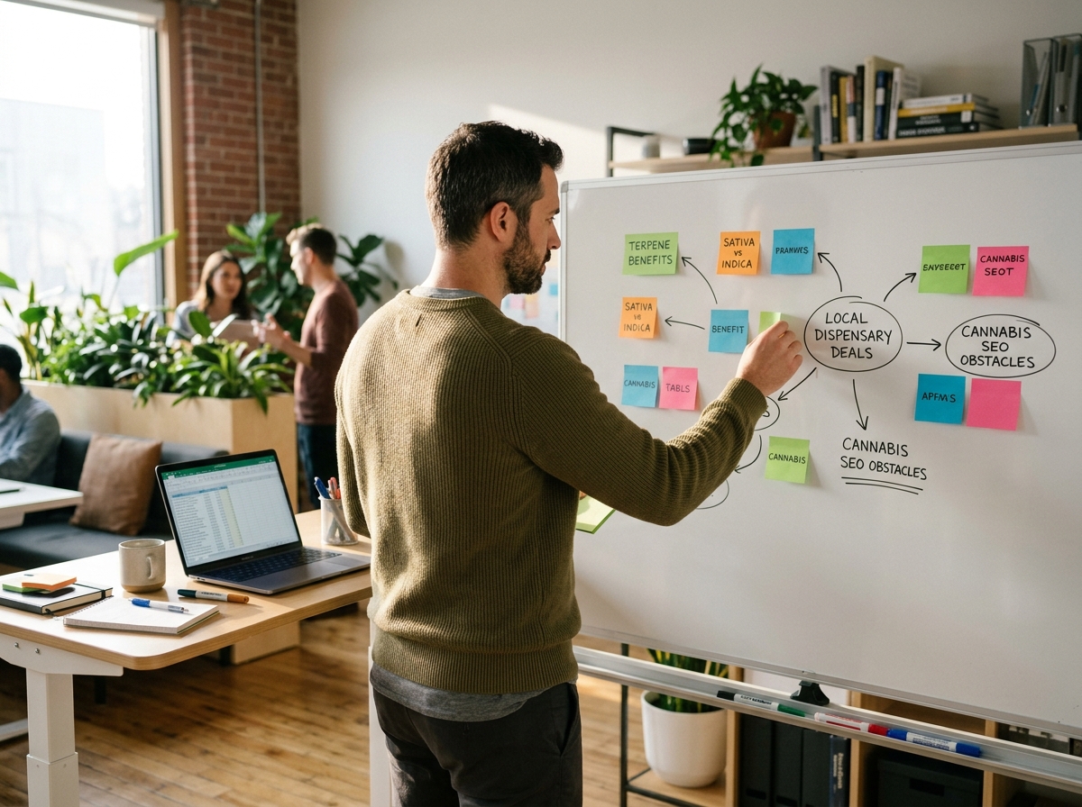 A marketing professional brainstorming cannabis-related keywords on a large whiteboard.