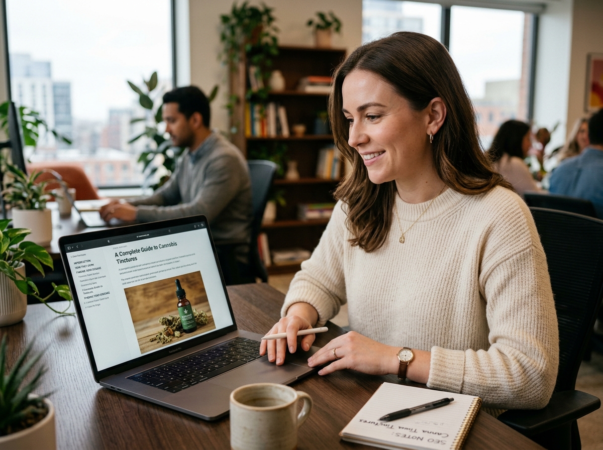 A content strategist smiling while reviewing an AI-generated cannabis article on a laptop.