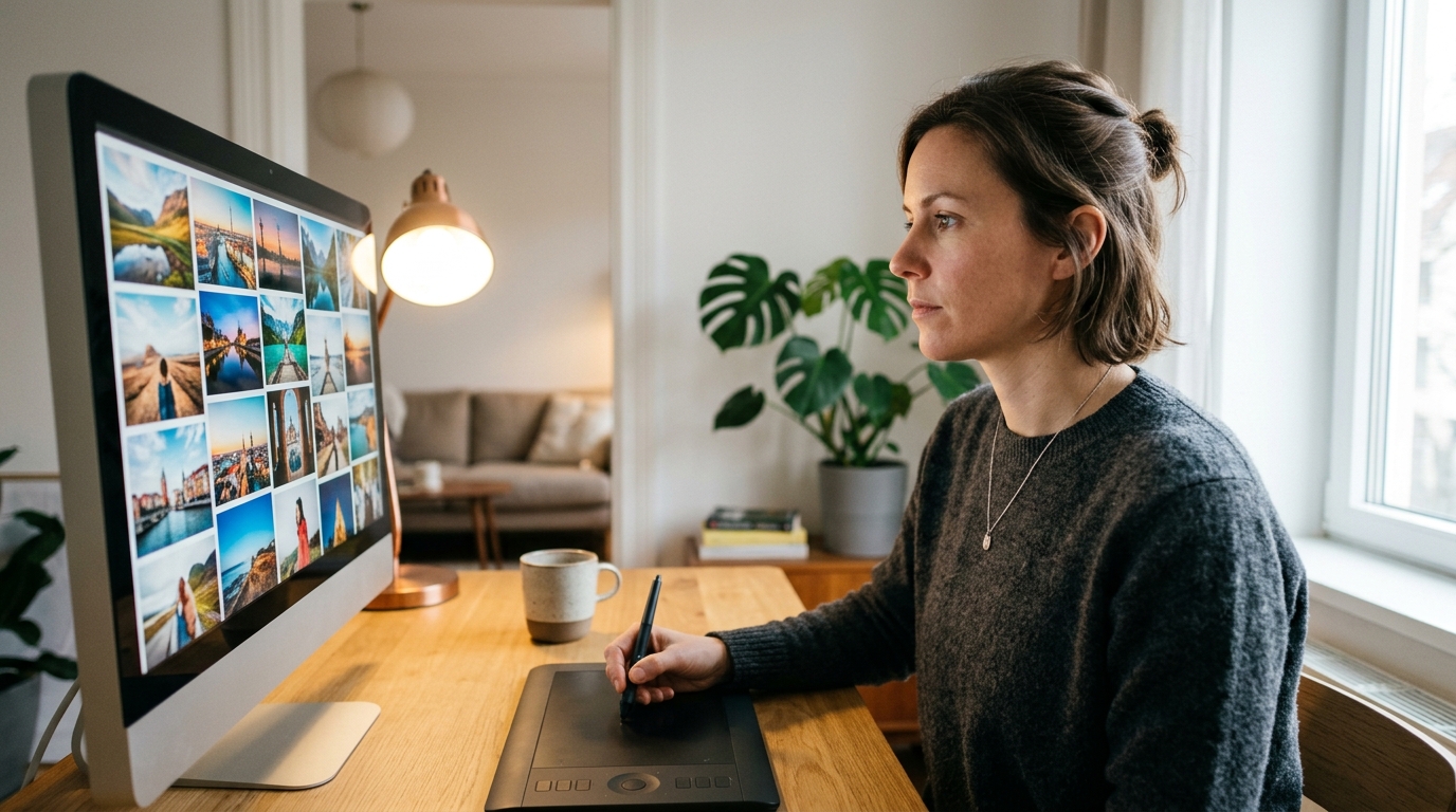 A microstock contributor efficiently managing their photo library on a large monitor at a clean, well-lit desk.
