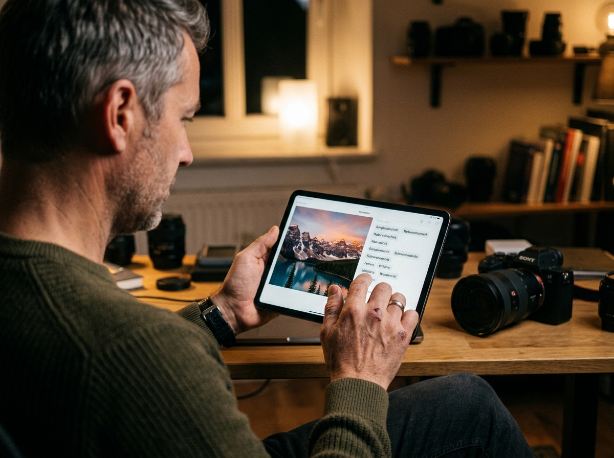 A close-up over-the-shoulder view of a photographer reviewing AI-generated keywords on a tablet.
