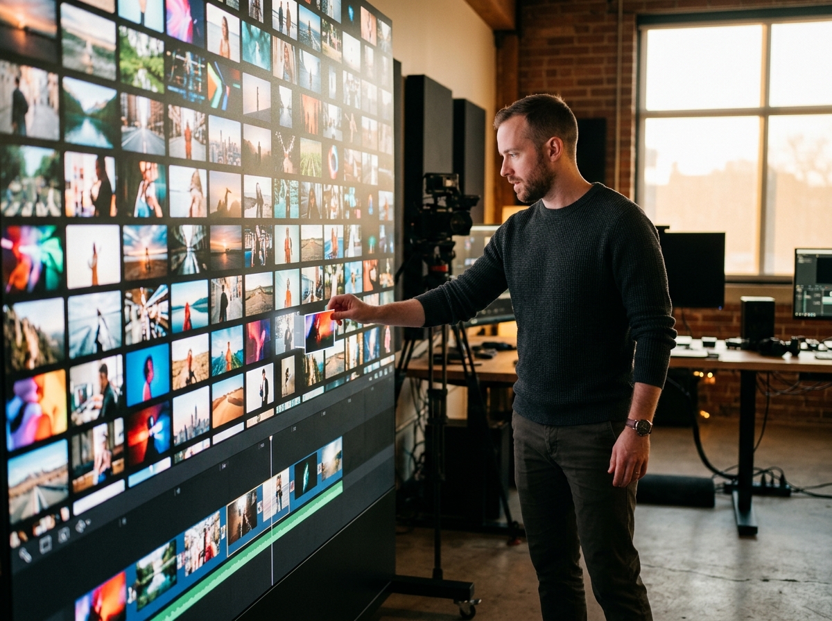 A videographer in a modern studio managing a large video library on a futuristic touchscreen interface.