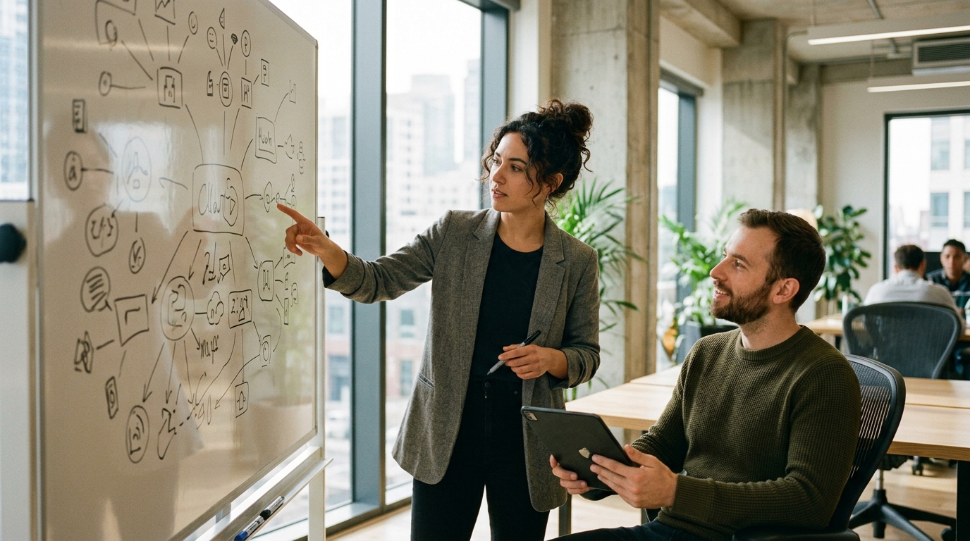 A content strategist and a solo founder collaborating on an SEO content plan on a whiteboard in a modern, sunlit office.