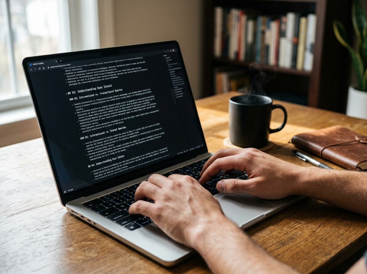 A close-up shot of a writer's hands typing on a laptop, with a detailed content outline visible on the screen.