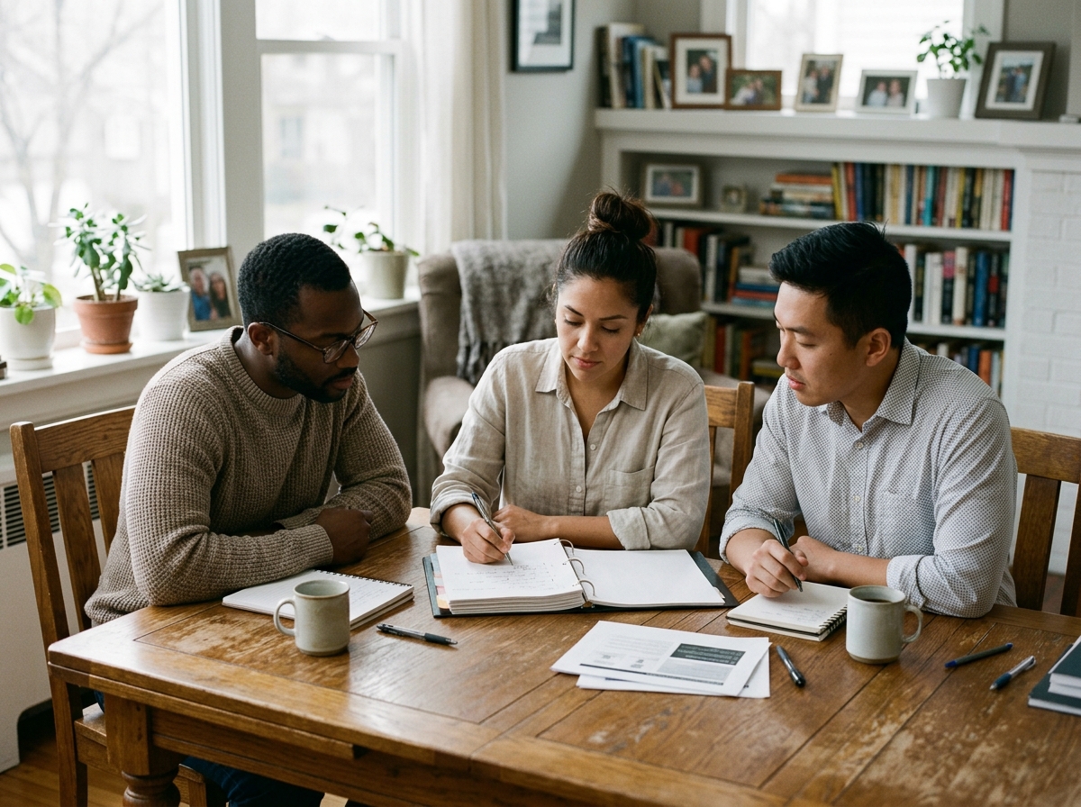 A small agency team reviewing a dashboard showing positive SEO content performance metrics on a large screen.