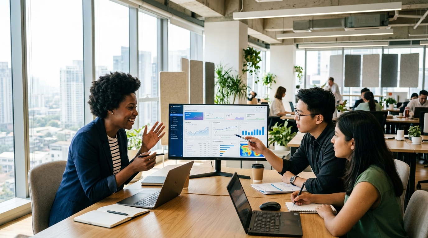 A diverse team of digital marketing professionals collaborating in a modern office.