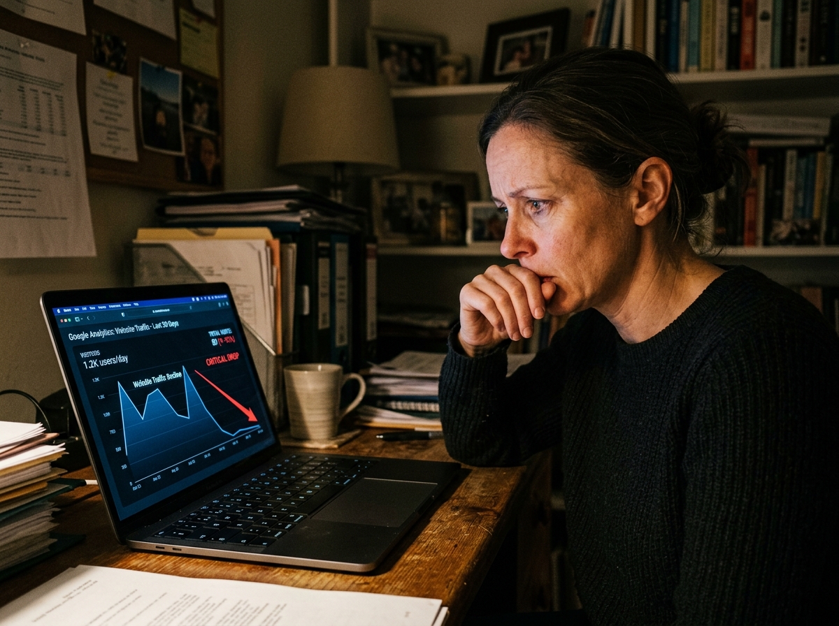 A business owner looking at a chart showing a dramatic drop in website traffic.