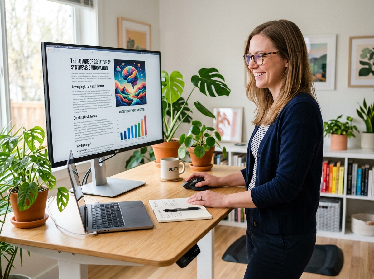 A content creator efficiently reviewing an AI-generated article on their computer.