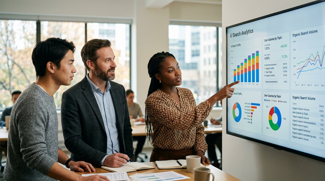 A marketing team collaborating around a monitor displaying AI search monitoring analytics.