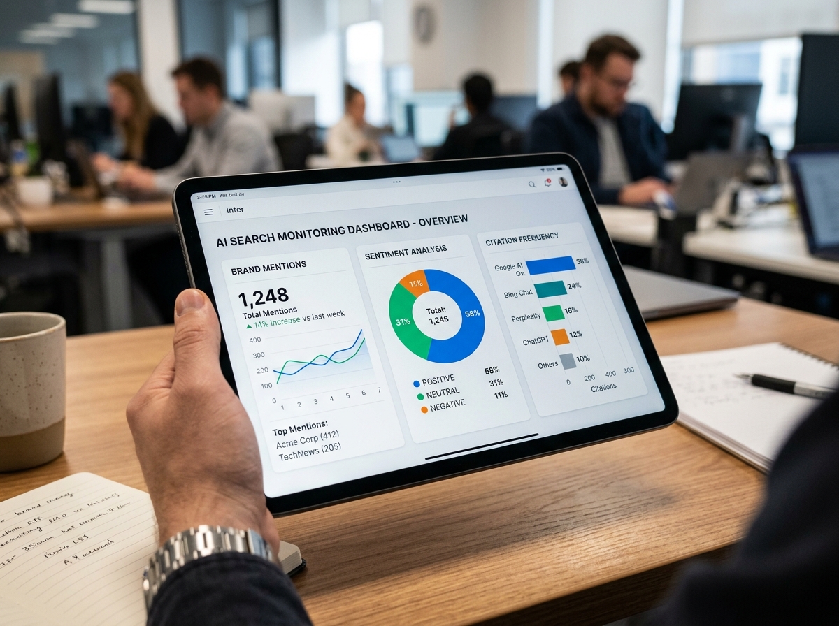 A close-up of a digital dashboard showing AI search visibility metrics like sentiment analysis and citation frequency.