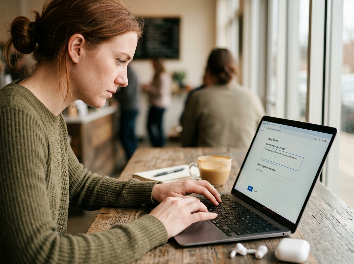A solo founder at a coffee shop using a laptop to configure an AI search monitoring tool.