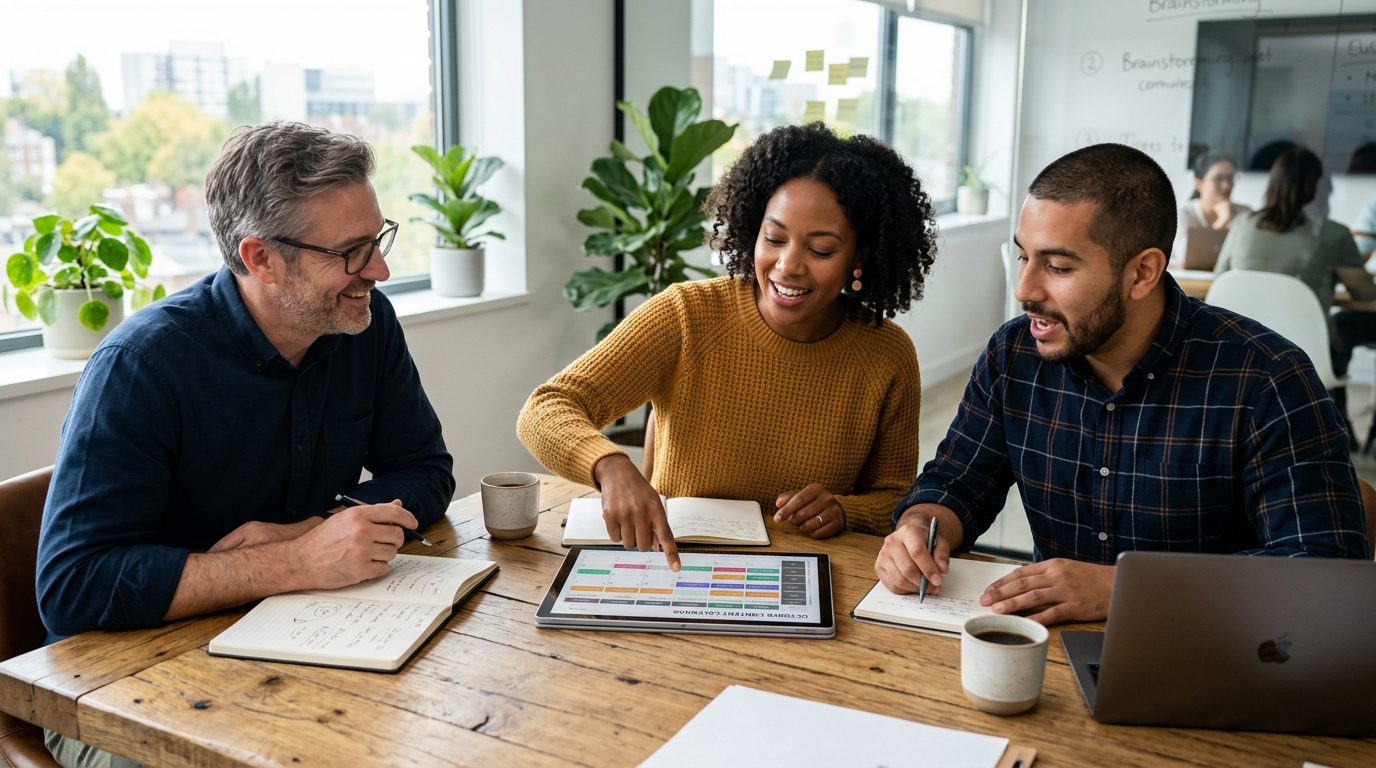 A marketing team collaborating on a content strategy around a large table.