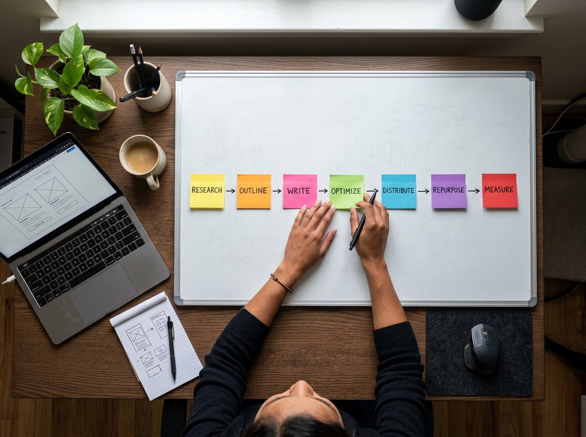 A step-by-step diagram showing the process of article creation and distribution.