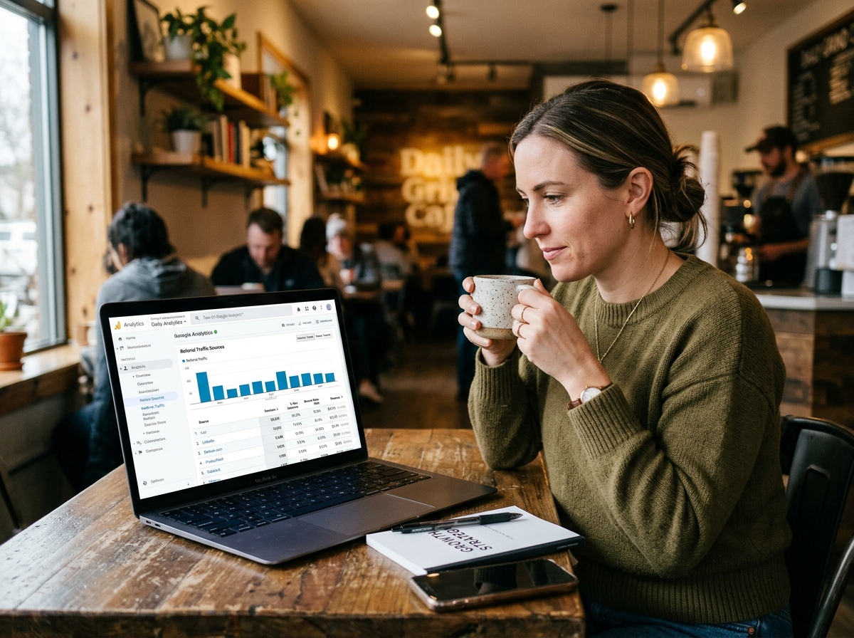 A business owner analyzing referral traffic data on a laptop in a cafe.