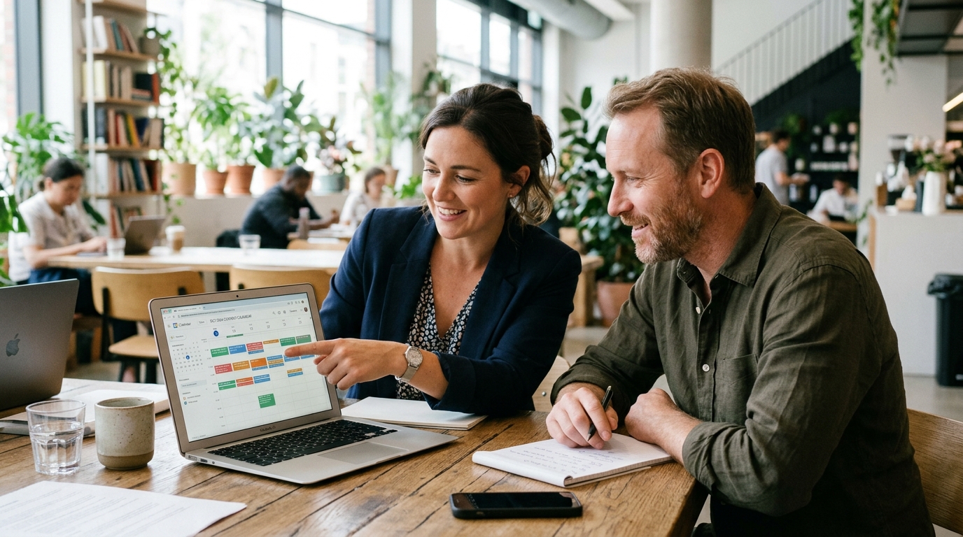 A content strategist and a small business owner collaborating on an SEO article strategy on a laptop.